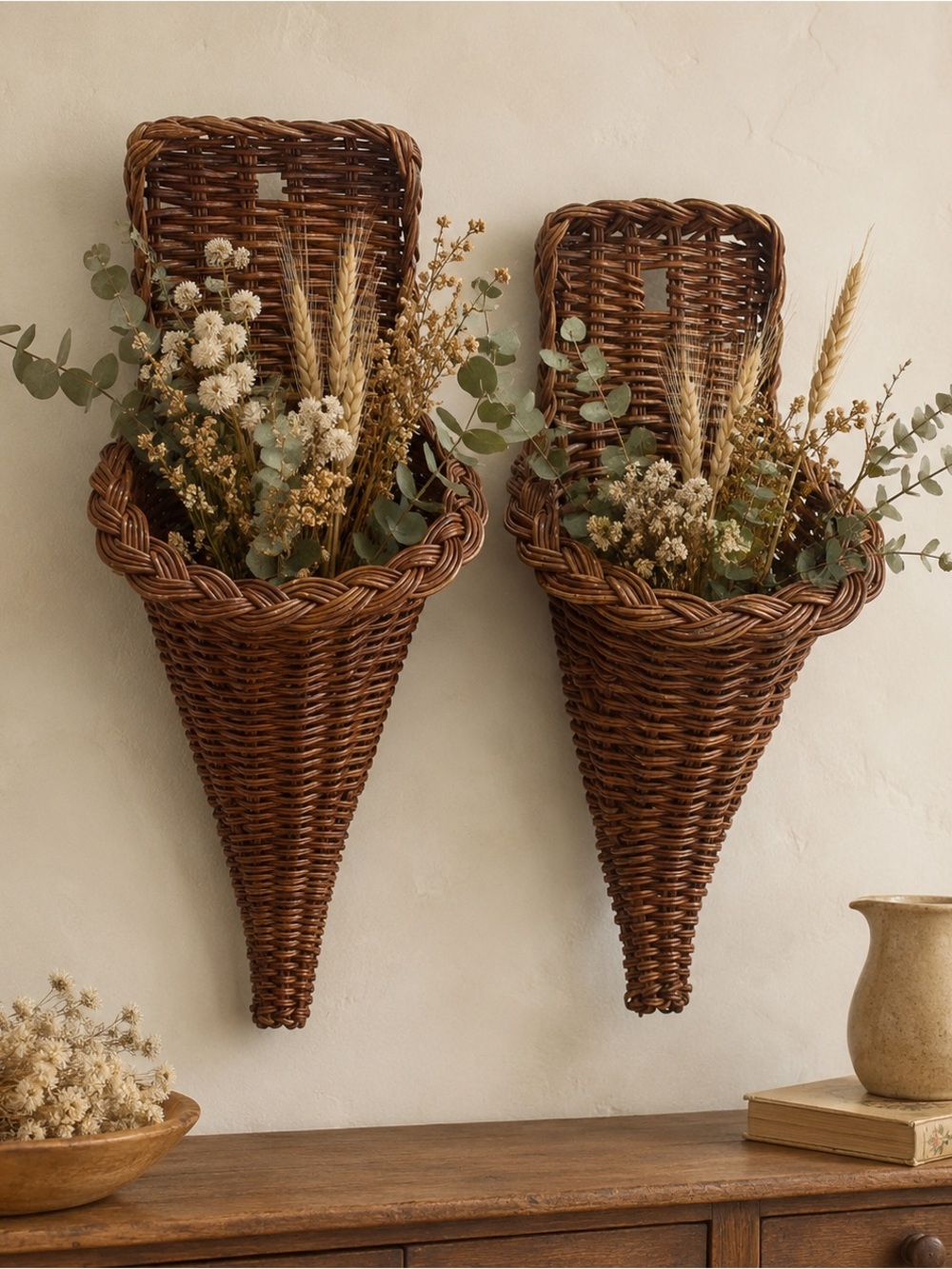 Pair Wicker Cornucopia Wall Pocket Baskets Rustic Floral Decor
